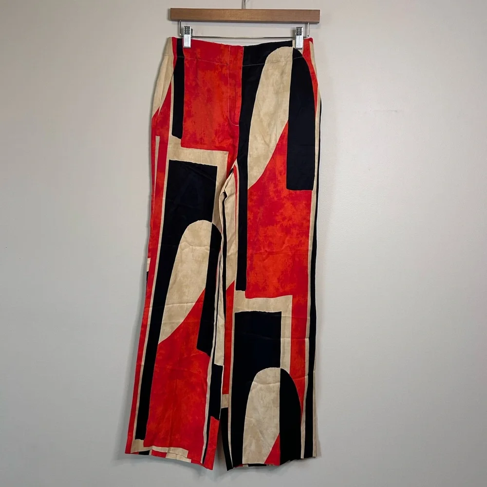 Zara Retro Colorblock Red Black Linen Blend High Waisted Wide Leg Pants Size XS